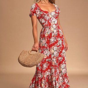 Reverie Red Floral Print Tiered Midi Dress